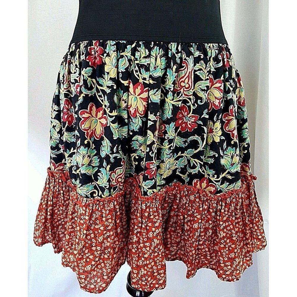 Urban Outfitters Hawaiian Tiki Floral Mini Skirt Ruffle Hemline Elastic Waist‎ M